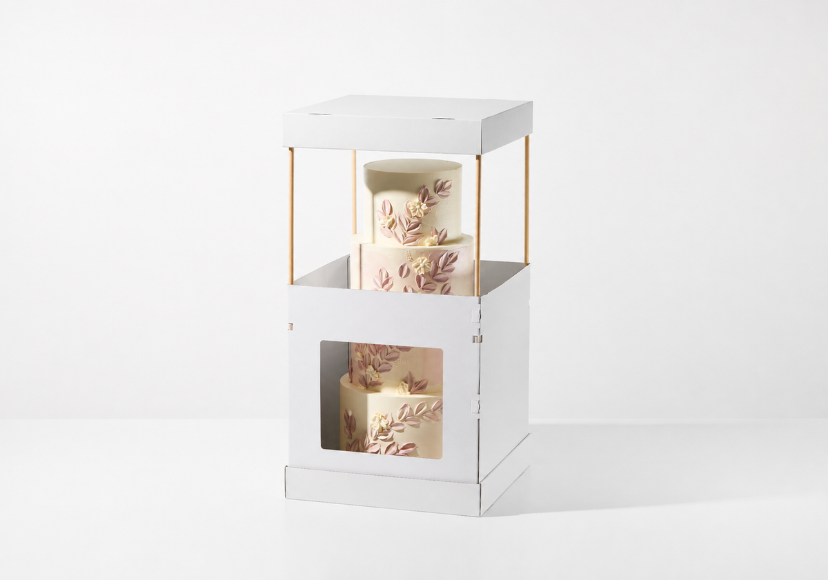 A three-tiered decorative cake with cream-colored frosting and pink floral patterns, displayed inside a white cardboard cake box with a clear front window and gold-colored side supports, set against a plain white studio background.