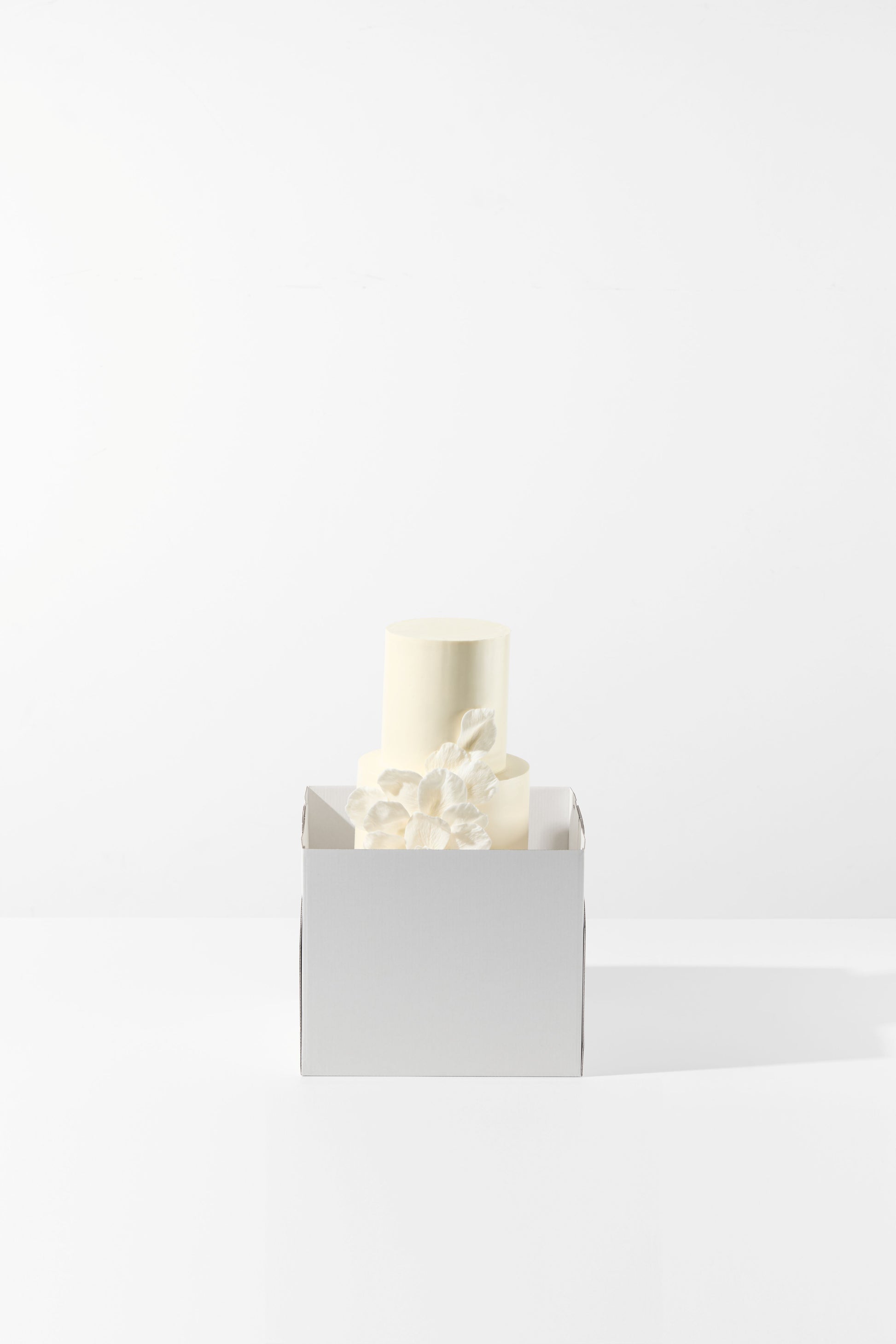 White cake in a decorative box on a white background